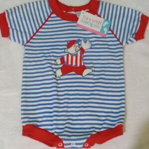 NWT Vintage Small Steps Blue/White Striped W/red Trim, & Bear Onesie, Size  24m